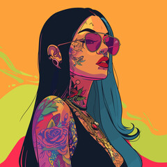 A woman with tattoos and a colorful background