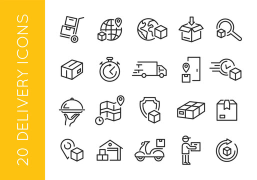 Delivery Services icons. Set of 20 Delivery trendy minimal icons featuring concepts such as worldwide shipping, package tracking, express mail, and secure transportation. Vector illustration 