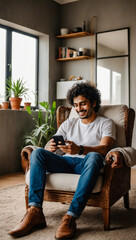 A happy young Indian man using a mobile phone to check his social media and to chat