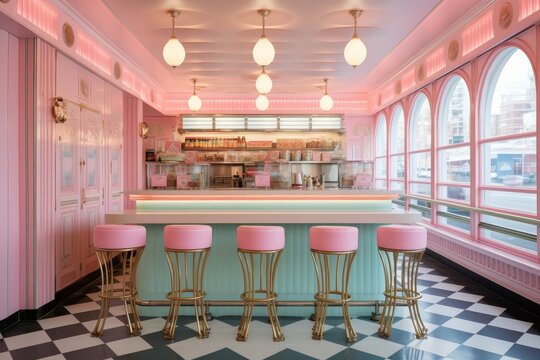 A Vintage Ice Cream Parlor with Pastel Interiors, Featuring Striped Awnings, Classic Bar Stools, and a Candy-Colored Counter