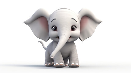 A cute cartoon elephant isolated against a stark white background.