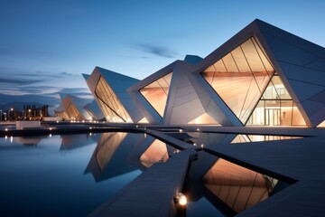 Futuristic Origami-Inspired Civic Center with Geometric Shapes and Sharp Angles, Illuminated Under the Evening Sky