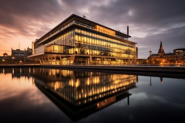 Fototapeta premium A Majestic View of the Government Office Building Illuminated at Dusk, Reflecting on the Nearby Tranquil Water