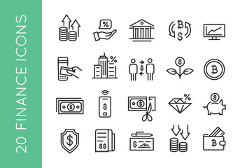 Finance Icons. A collection of 20 streamlined and modern icons representing key concepts in finance and investment. Examples include Profit Growth, Interest Rate, Bank Building. Vector illustration