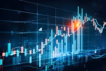 Futuristic stock market chart with colorful bars on blue teal gradient overlaying digital background Illustrates market trends