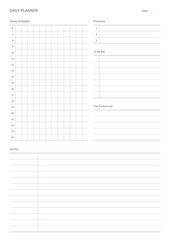A daily plan design template in a modern, simple, and minimalist style. Note, scheduler, diary, calendar, planner document template illustration.