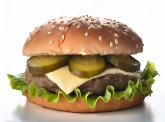 Burger with pickles isolated on white background closeup