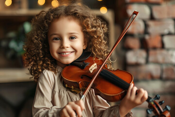 Child little girl playing music on the violin, creativity, hobby