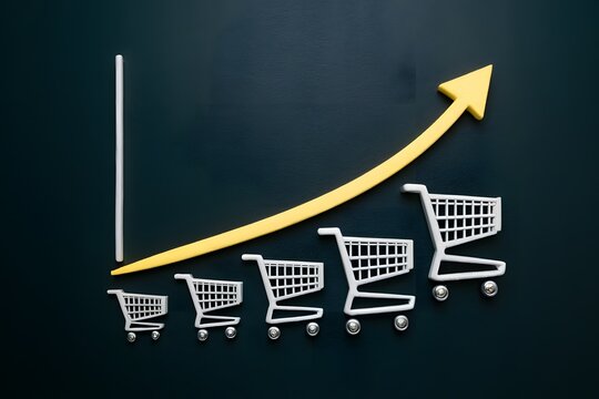 Graph showing sales increase with small shopping carts decreasing in size horizontally and rising arrow vertically