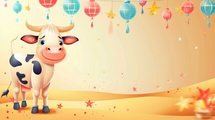 Naklejka premium Illustration of a sacrificial cow for the Islamic Eid al-Adha holiday Islamic ornaments in the background.