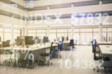 Multi exposure of abstract virtual financial graph hologram on a modern furnished office...