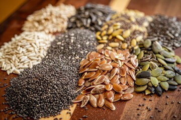 Obraz premium Healthy seeds like flax sunflower pumpkin poppy sesame and chia