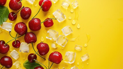 Fresh cherries, natural fruits with a high content of vitamins and nutrients, the concept of a healthy diet. View from above.