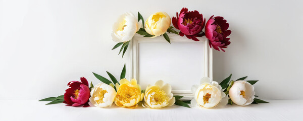 Frame mockup. Banner with yellow and red peony flowers on light background. Frame template for web, wedding invitation, Mothers and Womans day. Floral composition with copy space.

