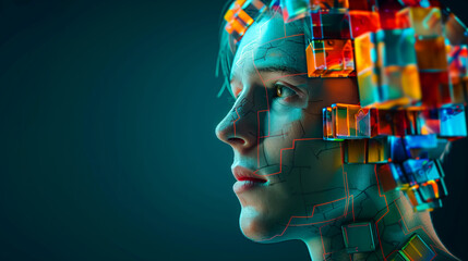 A man's face is shown with a brain made of colorful blocks. Concept of creativity and imagination, as the brain is not a realistic representation of the human brain but rather a playful.