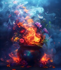 a vibrant illustration showcasing a spring flower simmer pot, bursting with colorful blooms and fresh greenery, pot filled with fragrant petals and herbs, surrounded by swirling tendrils of steam