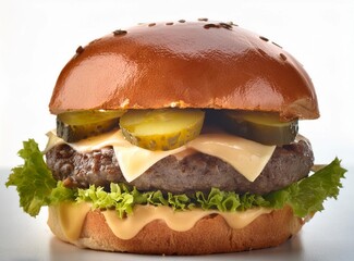 Burger with pickles isolated on white background closeup