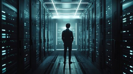 Scientist holds supercomputer processor server room advanced chip quantum computing silicone computation in lab