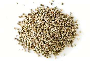 Heap of shelled hemp seeds on white background from above