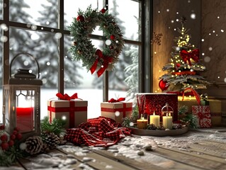 Cozy Christmas Room with Tree, Candles, and Decorations and white snow showering outside 