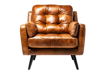 Office leather chair or sofa small dark brown isolated on cut out PNG or transparent background. Modern interior decoration meeting room. Decorated place in living room or drawing room.