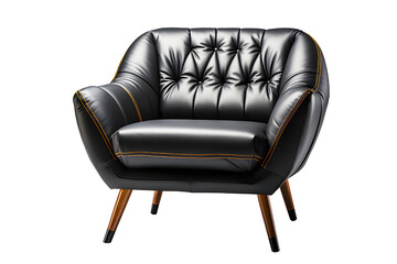 Office leather chair or sofa small dark black isolated on cut out PNG or transparent background. Decorated place in living room or drawing room. Modern interior decoration meeting room.