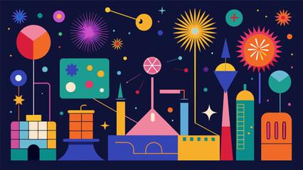 The workshop is filled with colorful diagrams and diagrams showcasing different types of fireworks and their corresponding effects.. Vector illustration