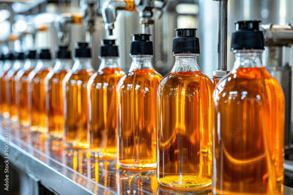 Poster highly efficient cosmetic bottling line in a contemporary factory for optimized production workflow