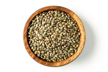 Fototapeta premium Hemp seeds in wooden bowl Edible variety of cannabis sativa Close up macro photo on white background