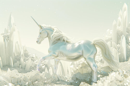white glitter unicorn in magical sparkly white and silver crystal landscape, dreamy white color sky, detailed