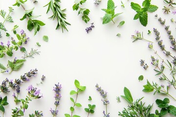 Herb collection in creative frame on white background Top view healthy eating and alternative...