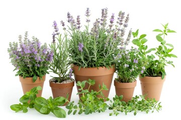 Herb garden in pot with fresh aromatic plants on white background Floral arrangement Wellness theme