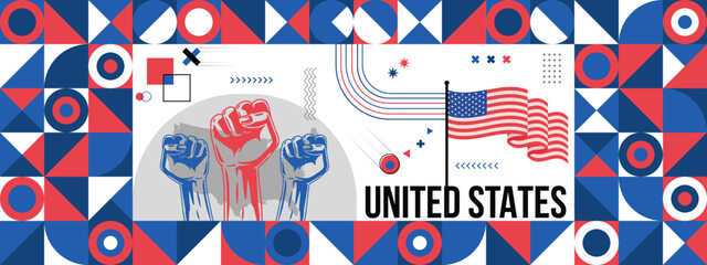 Flag and map of United States with raised fists. National day or Independence day design for Counrty celebration. Modern retro design with abstract icons. Vector illustration.