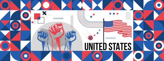 Obraz premium Flag and map of United States with raised fists. National day or Independence day design for Counrty celebration. Modern retro design with abstract icons. Vector illustration.