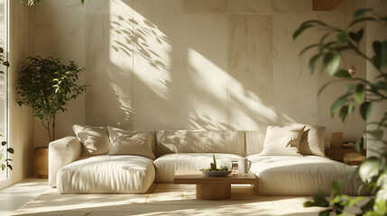 3d render of a modern living room with large windows, a comfortable sofa, and lots of plants