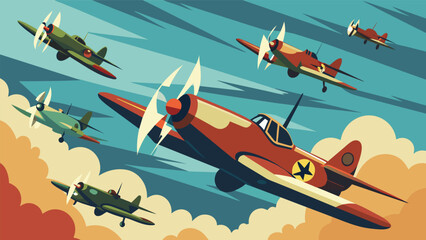 The nostalgic sound of propeller engines fills the air as oldfashioned fighter planes pass overhead in perfect formation.. Vector illustration - obrazy, fototapety, plakaty