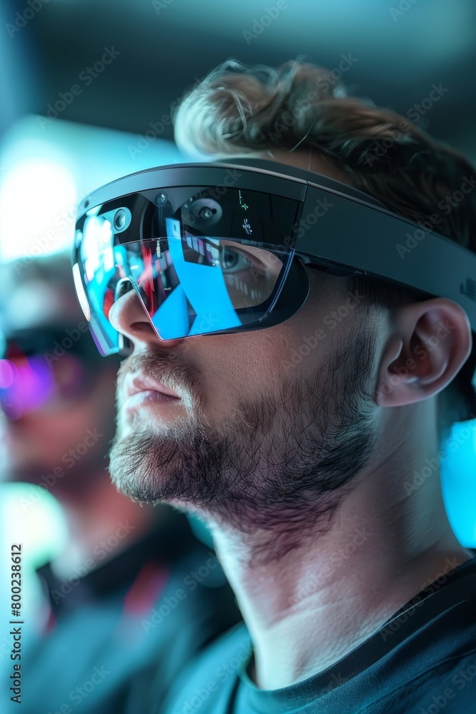 Poster engineers using augmented reality glasses for collaborative design project close up