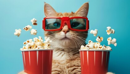 Hipster cat in 3D glasses enjoying movie with snacks