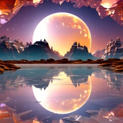 Moon over lake. Fantasy theme. Imagination world