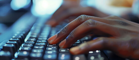 A close up of a person of color's hands typing on a black keyboard. - Powered by Adobe