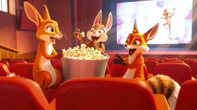 A trio of squirrel and fox in a cozy cinema setting, watching a movie with a bowl of popcorn between them, illuminated by the soft glow of the screen in a dark room.