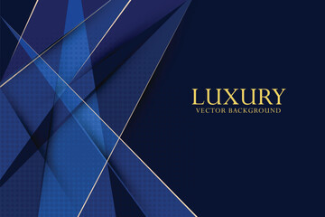 Abstract geometric triangles overlapping on dark navy blue background with glitter and golden lines glowing dots golden combinations. Luxury and elegant design