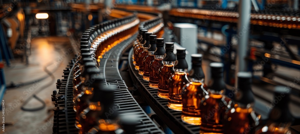 Poster whiskey bottling process in a standard factory production line for efficient production