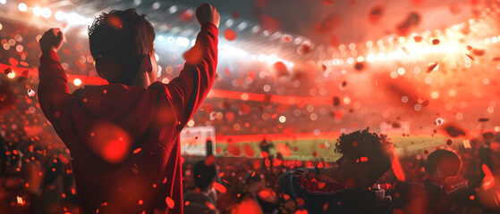 Happy Sport Emotional Football Fans on big stadium tribune. 