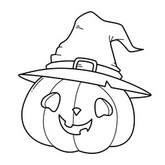 Cute halloween pumpkin in a witch hat coloring book for kids. Halloween pumpkin coloring page. Monochrome black and white illustration. Vector children's illustration