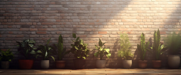 Row of potted plants in front of brick wall