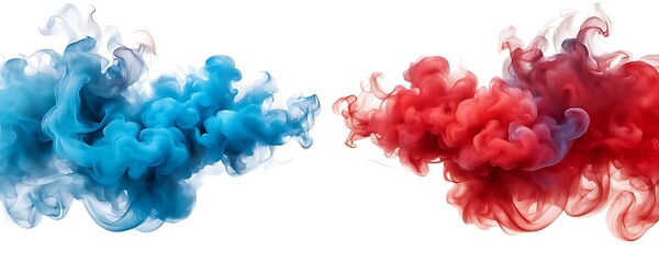  Blue and red smoke merging isolated on white background. 