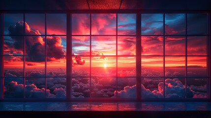 This window view shows the red sunset. Sunset. Sky background at sunset...