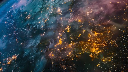 Naklejka premium A satellite view of Earth at night, showcasing city lights illuminating a vibrant pattern against the dark backdrop of the planet's surface.