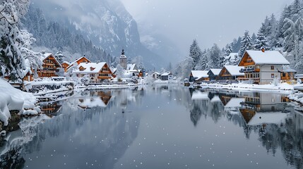 Icy pond reflecting the quaint village homes dusted with snow